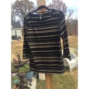 Lauren Ralph Lauren womens knit shirt large L black gold textured striped cotton